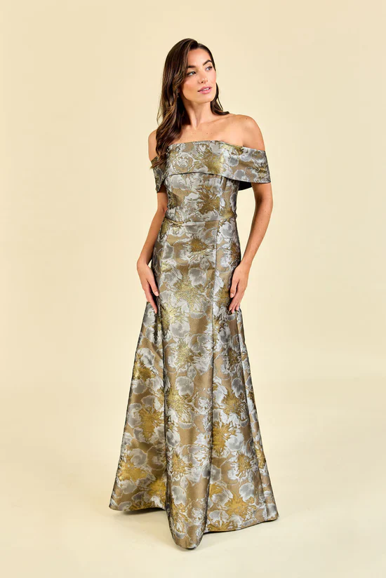 LulaKate Christy Evening Dress in Gold Shimmer Floral